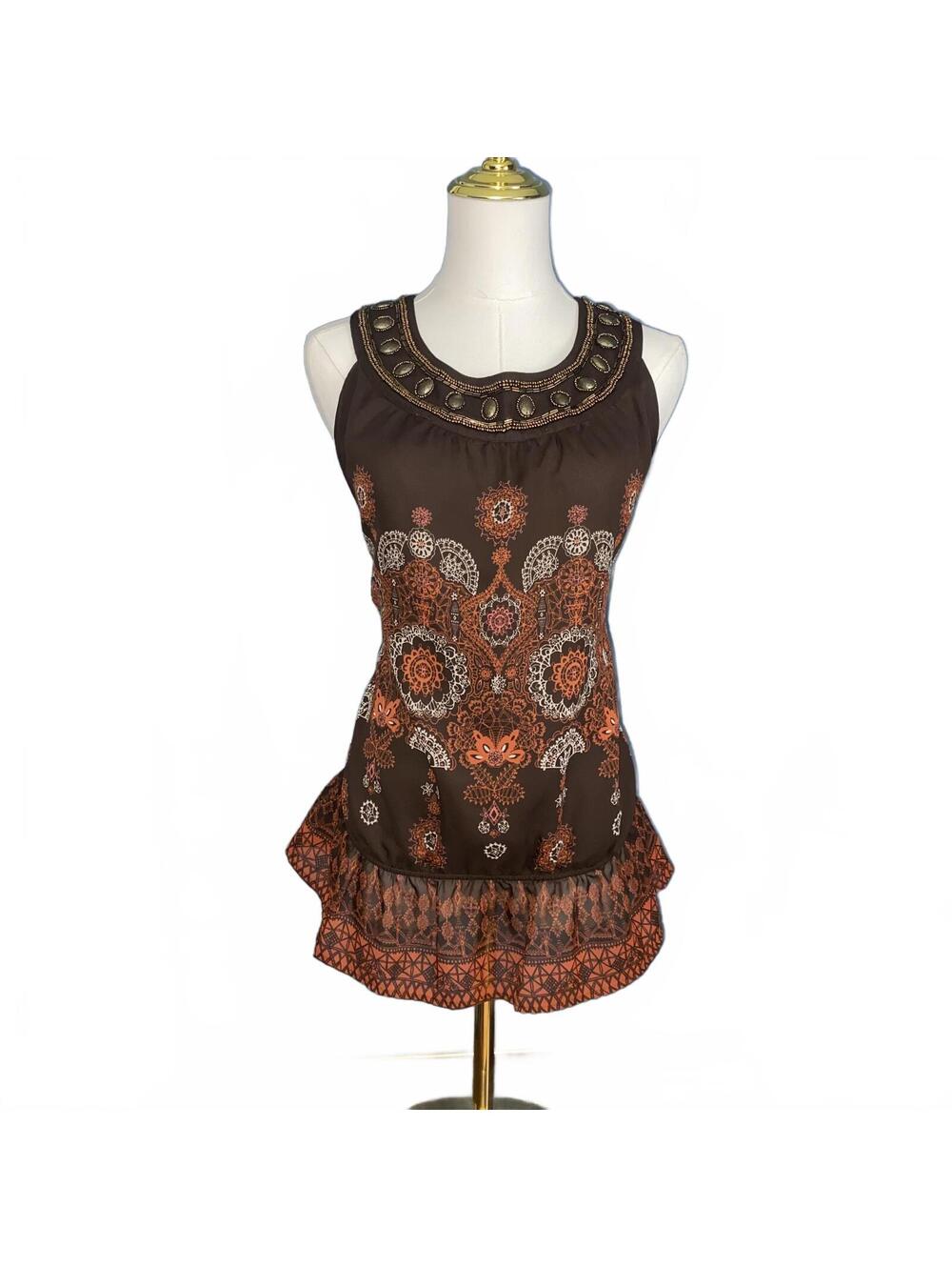 Vintage Y2K Brown Boho Paisley Tank Top Large Festival Fairycore Chic Style
